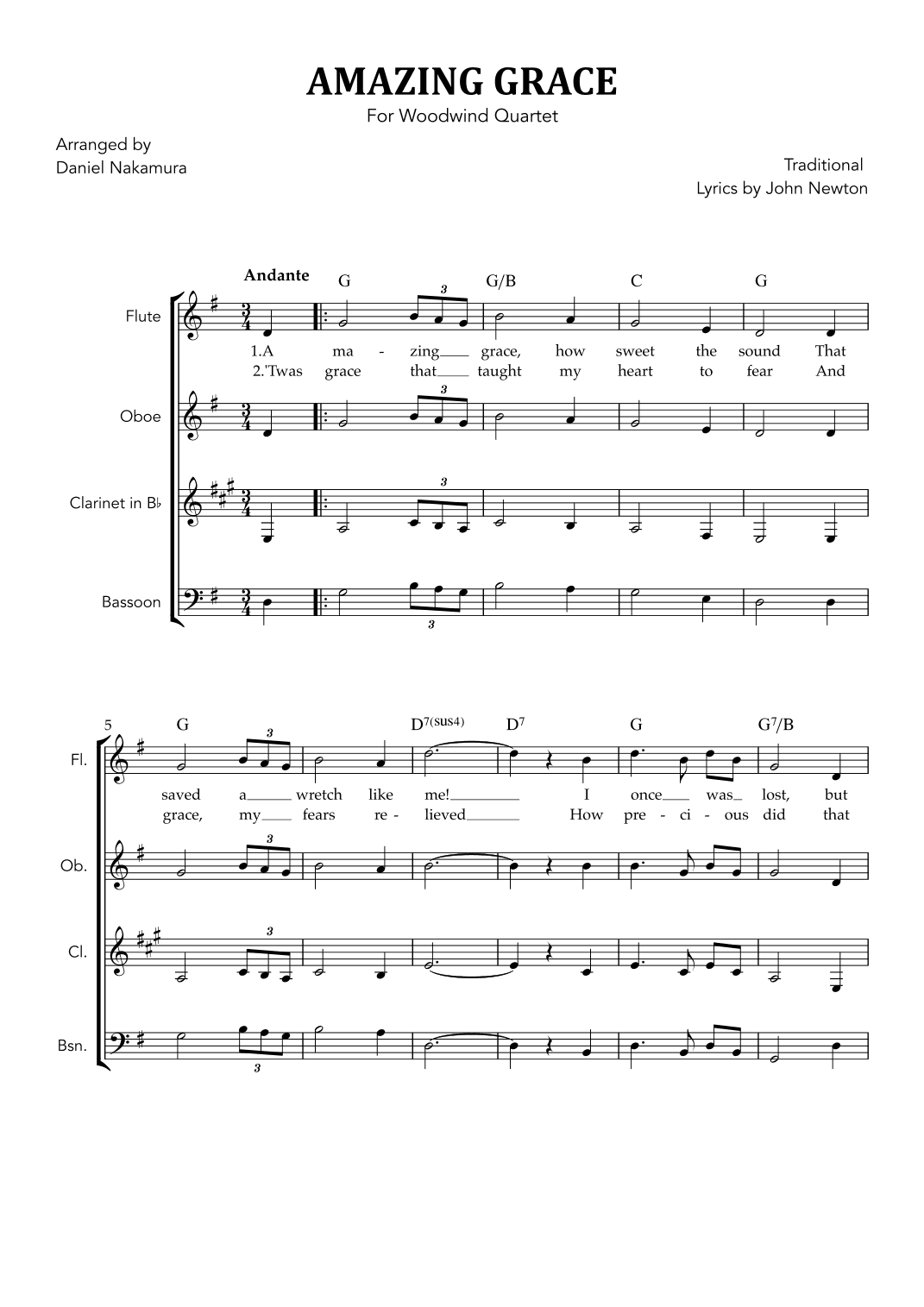 Amazing Grace (for Woodwind Quartet) (arr. Daniel Nakamura)