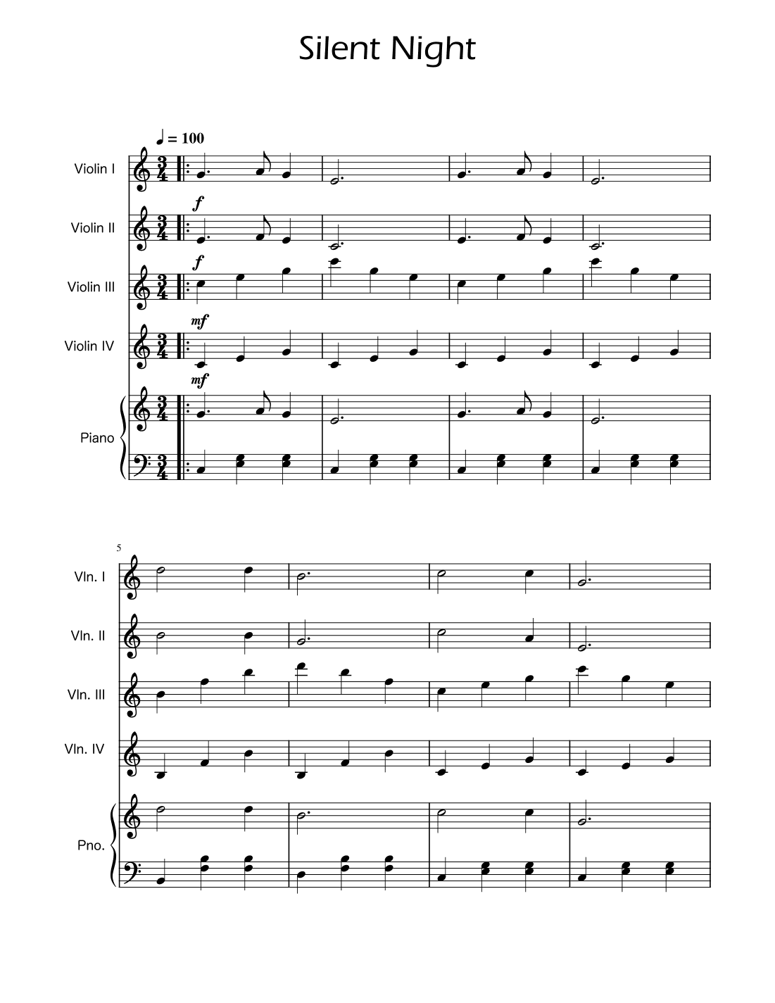 Silent Night - Violin Quartet w/ Piano (arr. Ygor Nunes)