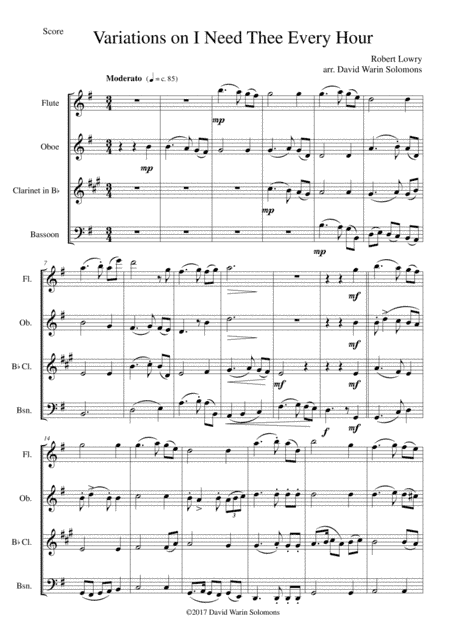 Variations on I Need Thee Every Hour for Wind quartet (arr. David Warin Solomons)