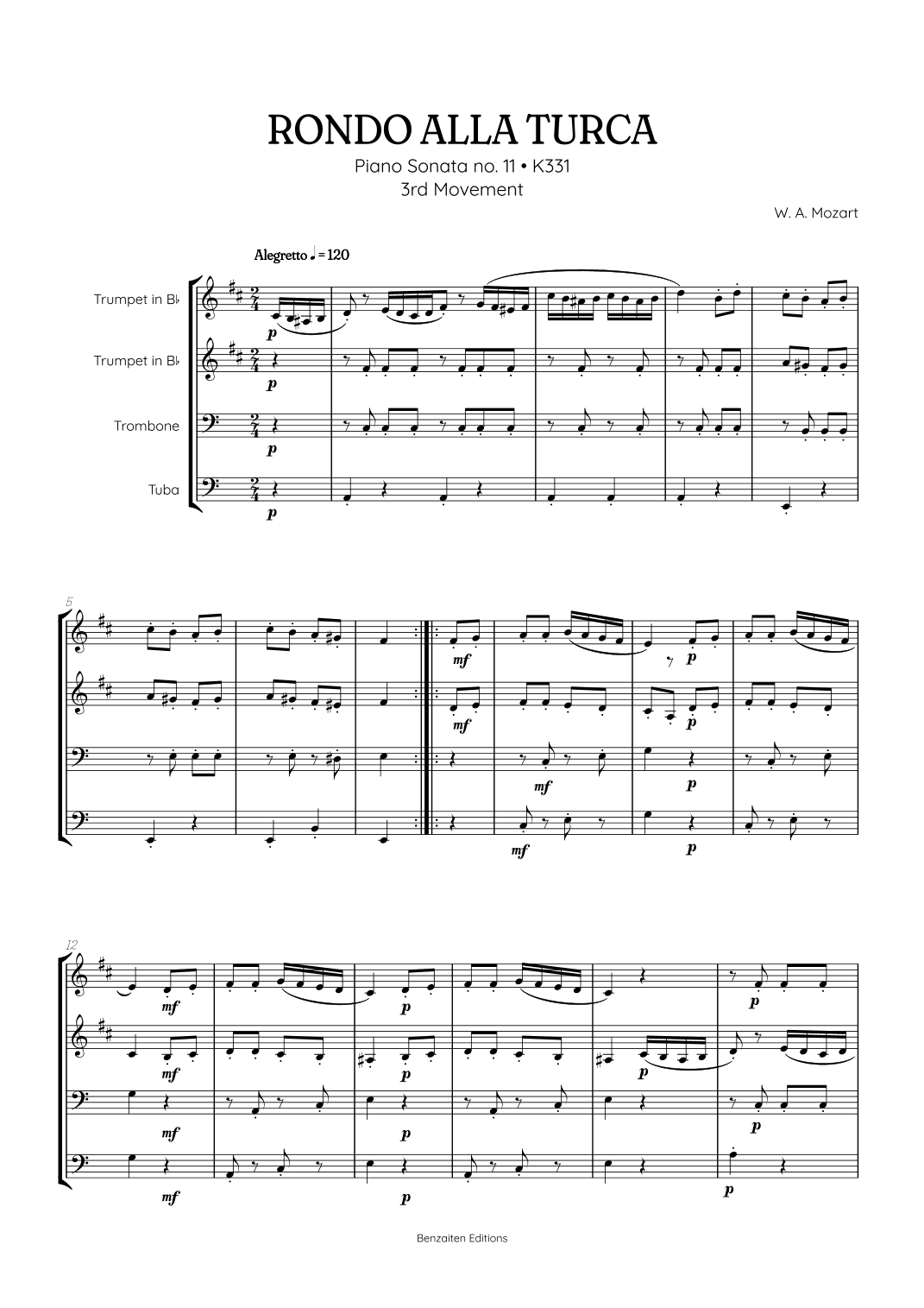 Rondo Alla Turca (Turkish March) | Brass Quartet Sheet Music (arr. Benzaiten Editions)