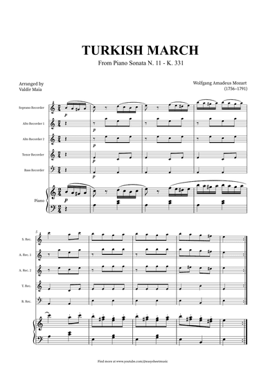 Turkish March - Recorder Quintet and Piano (arr. Valdir Maia)