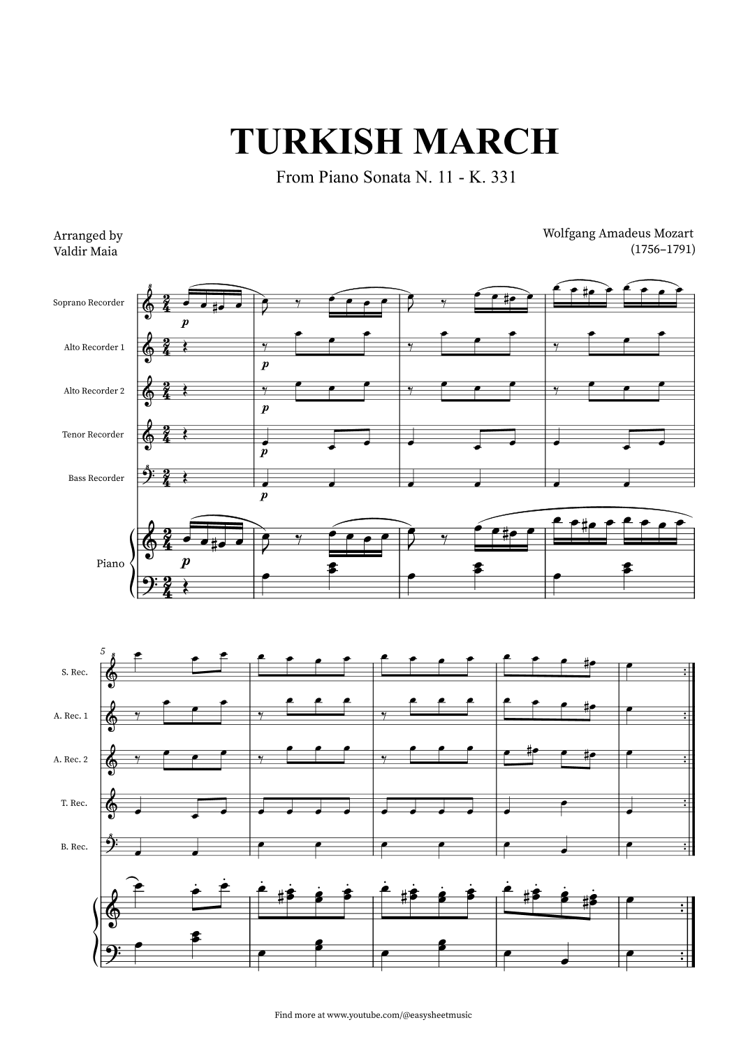Turkish March - Recorder Quintet and Piano (arr. Valdir Maia)