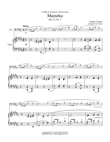 Mazurka, Mesto Op. 33, No 1 for cello and piano (arr. Amadeus Music)