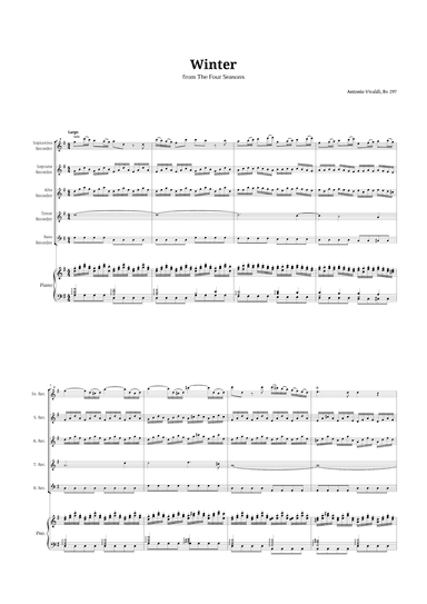 Largo from Winter by Vivaldi for Recorder Quintet and Piano (arr. Langanho)
