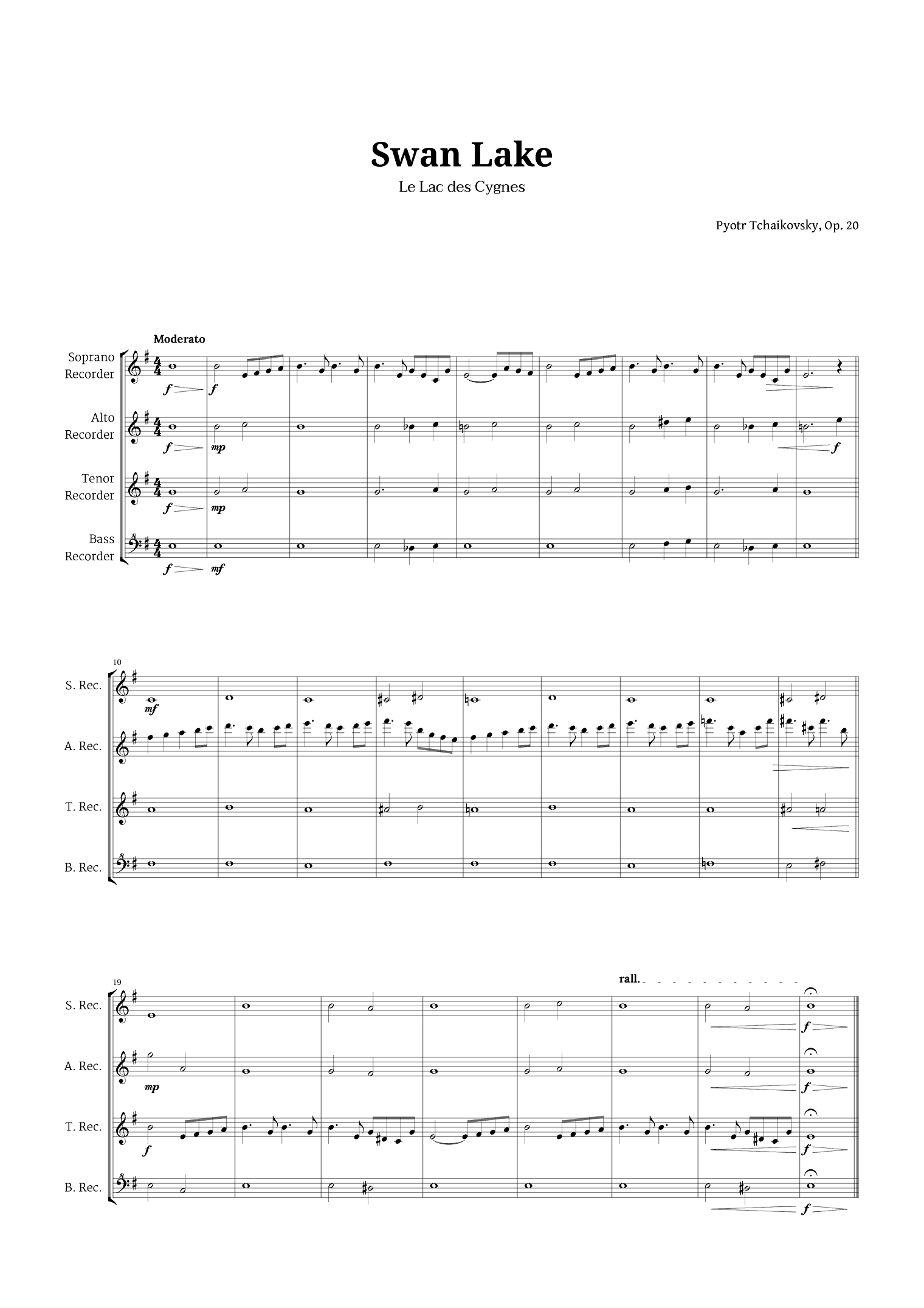Swan Lake by Tchaikovsky for Recorder Quartet (arr. Langanho)