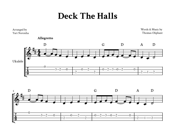 Deck The Halls - For Ukulele in D (with TAB) (arr. Yuri Noronha)