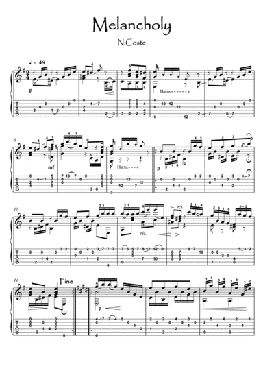Melancholy by Napoleon Coste for classical guitar (arr. PianoSheetNow)