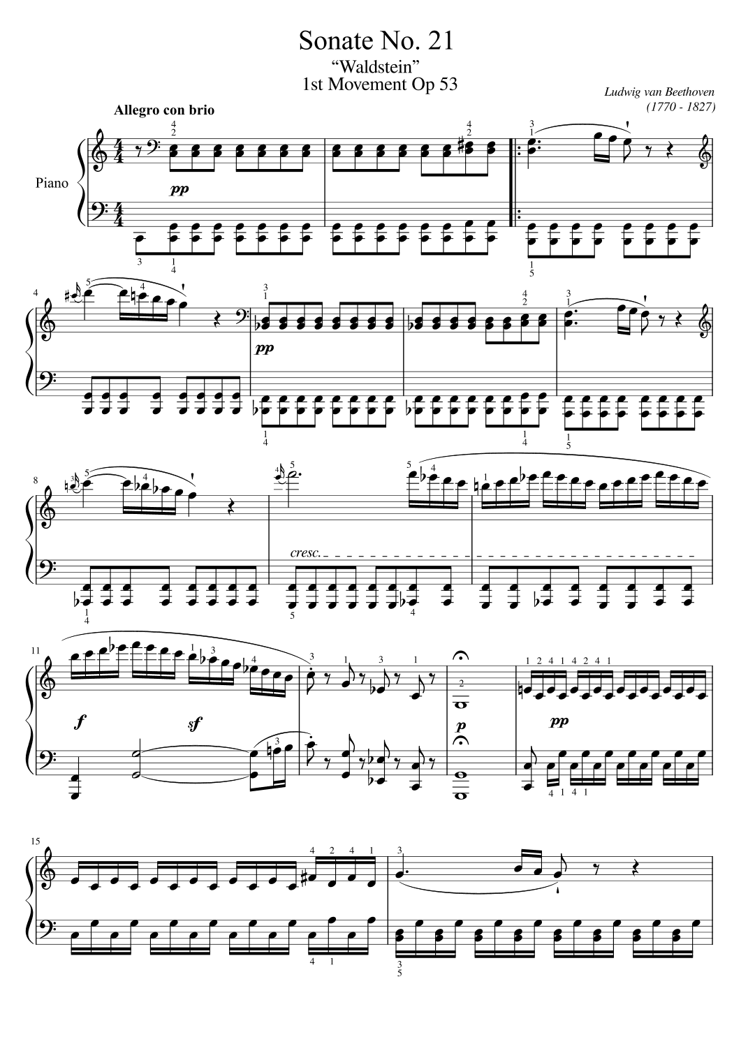 Beethoven - Sonata in C Major - Op. 53 No. 21 (“Waldstein”) - 1st Mov - Original With Fingered (arr. poon)
