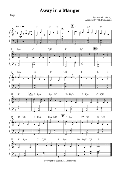 Away in a Manger - Easy Harp Solo wint Chords (arr. Arranged by P.H. Damasceno)