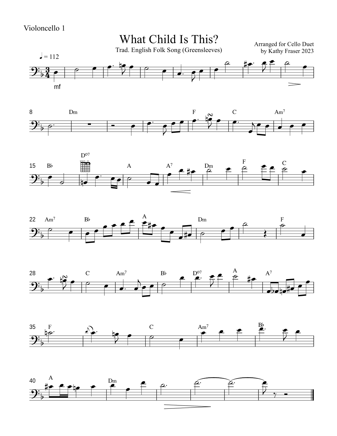 What Child is This? (Greensleeves) for Cello Duet and Optional Guitar (arr. Katherine L Fraser)
