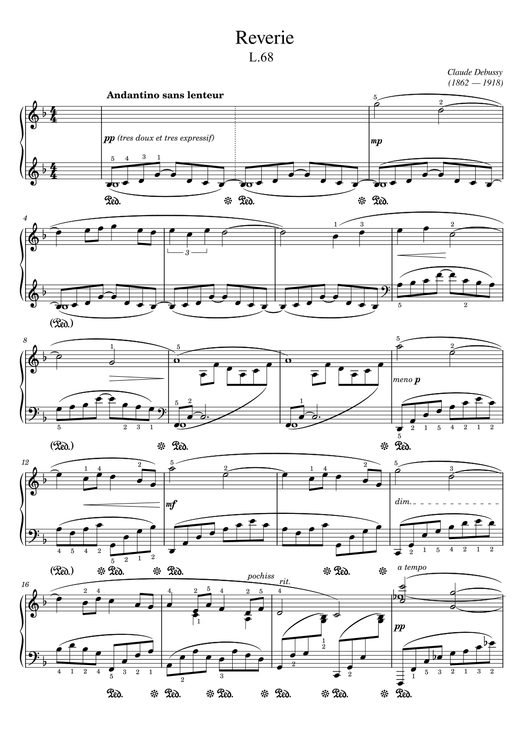 Claude Debussy - Reverie L.68 - for Piano Solo With Fingered Original (arr. poon)