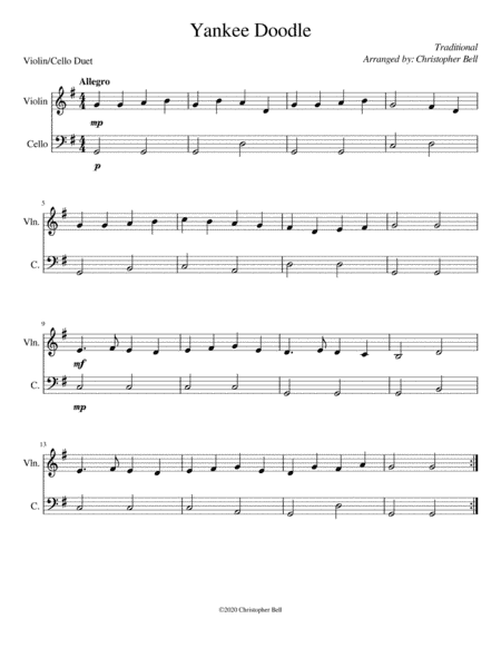 Yankee Doodle - Easy Violin/Cello Duet (arr. Christopher Bell)