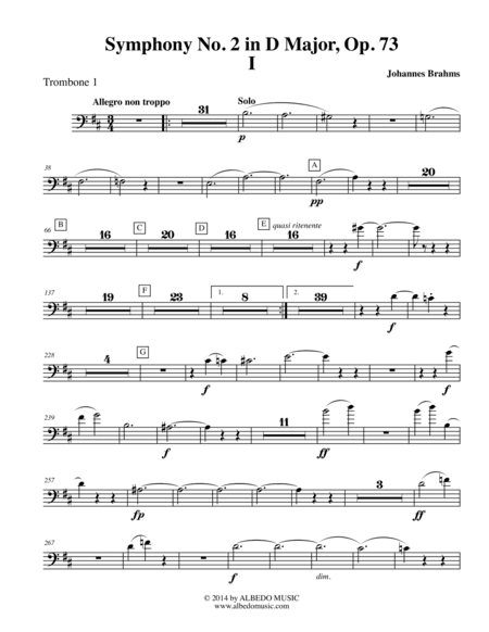 Brahms Symphony No. 2, Movement I - Trombone in Bass Clef 1 (Transposed Part), Op. 73 (arr. Doug Clyde)