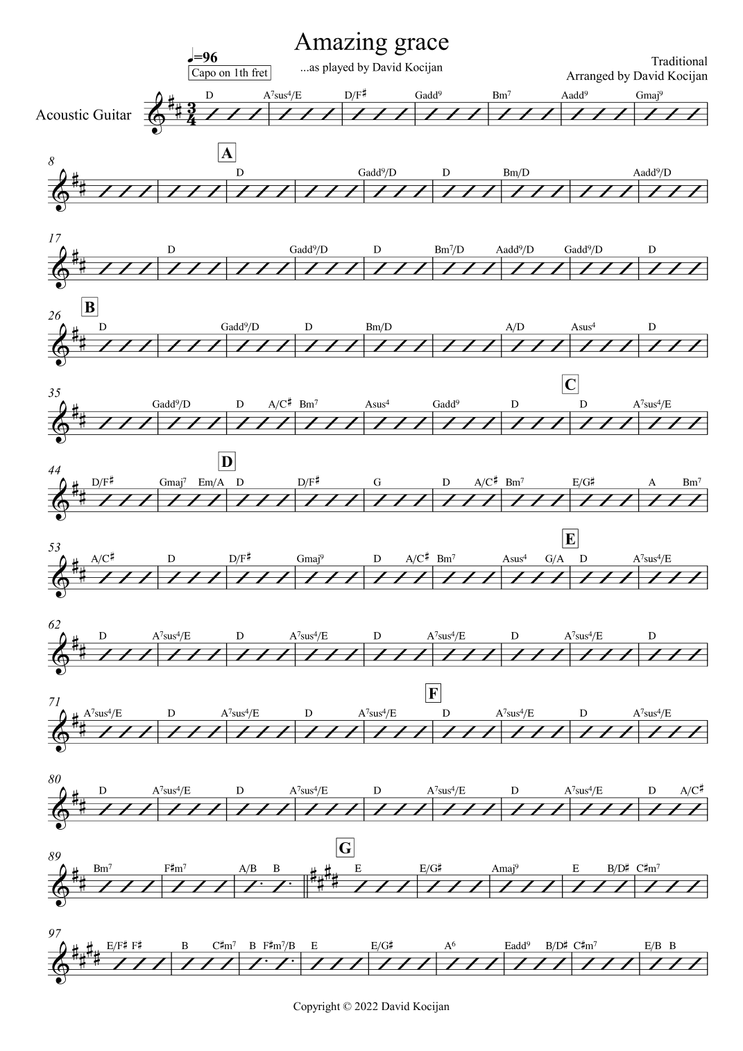 Amazing grace TRIO (piano/guitar, violin & soprano sax) (arr. David Kocijan)