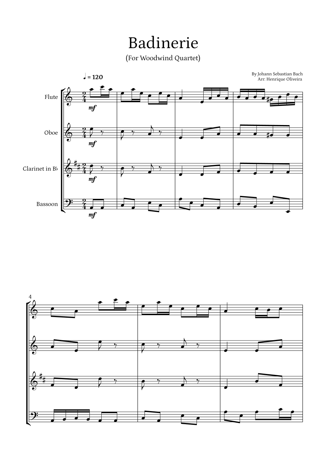 Badinerie by J. S. Bach (For Woodwind Quartet ) (arr. Henrique Oliveira)