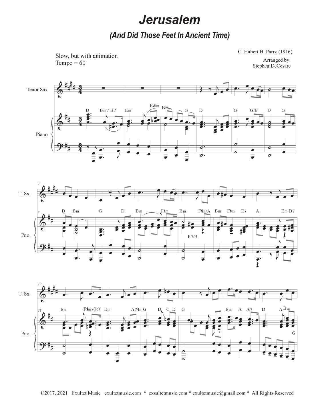 Jerusalem (Tenor Saxophone and Piano) (arr. Stephen DeCesare)