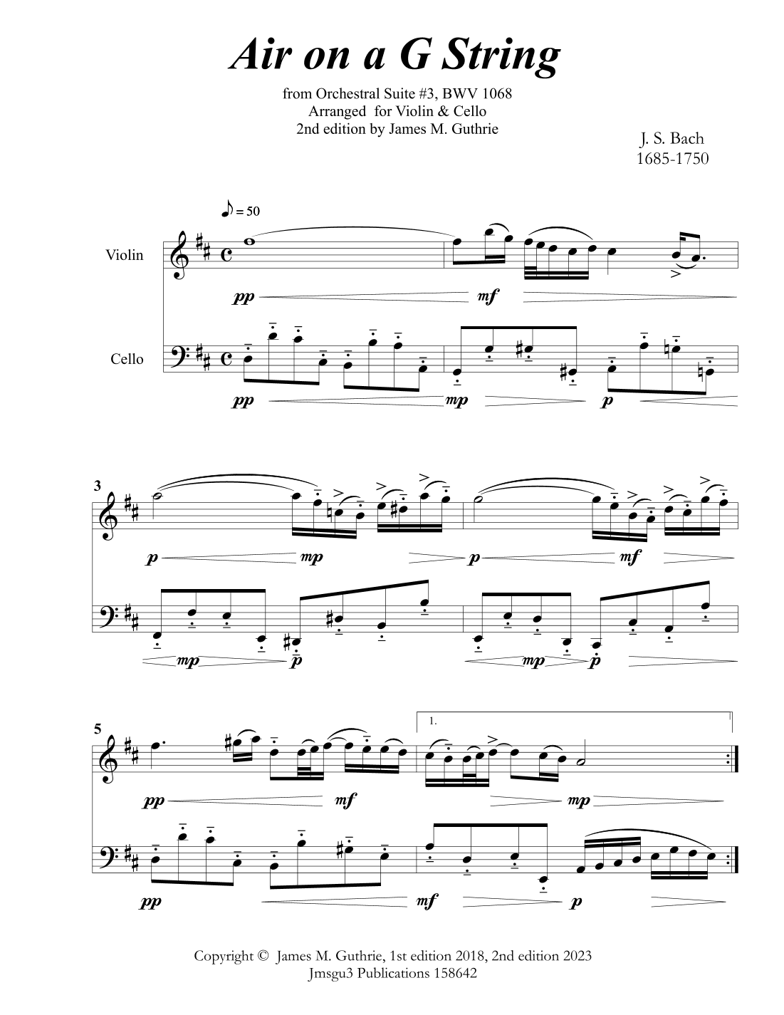 Bach: Air on a G String for Violin & Cello (arr. James M. Guthrie, ASCAP)