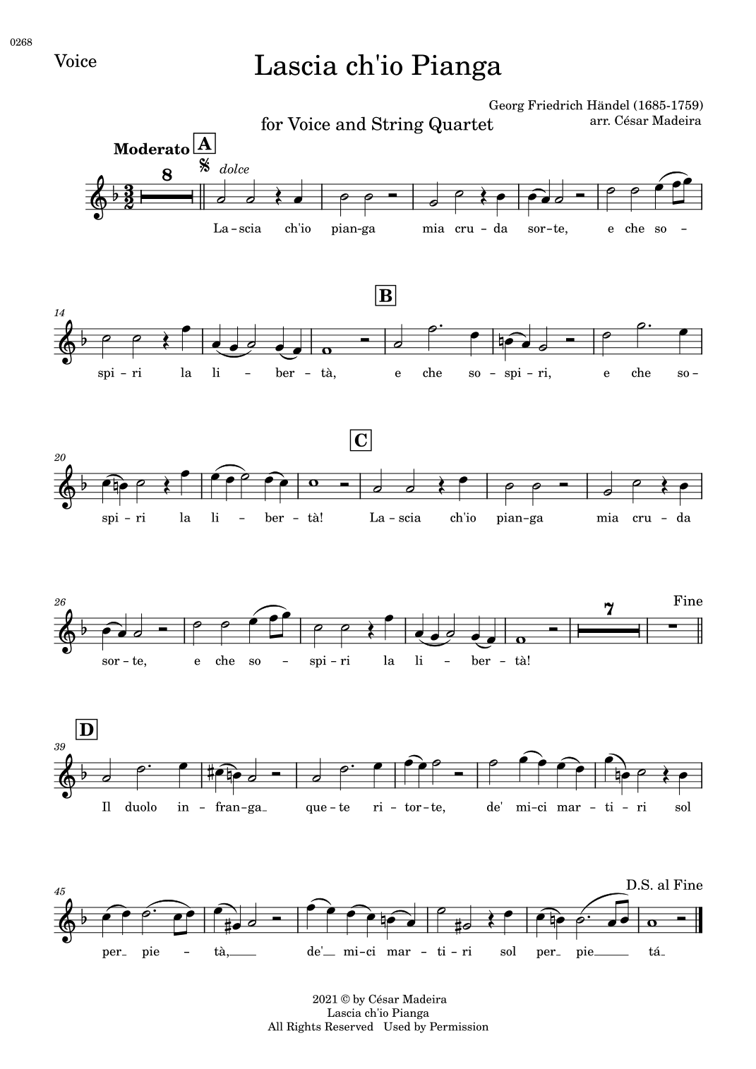 Lascia Ch'io Pianga - Voice and String Quartet - F Major (Individual Parts) (arr. César Madeira)