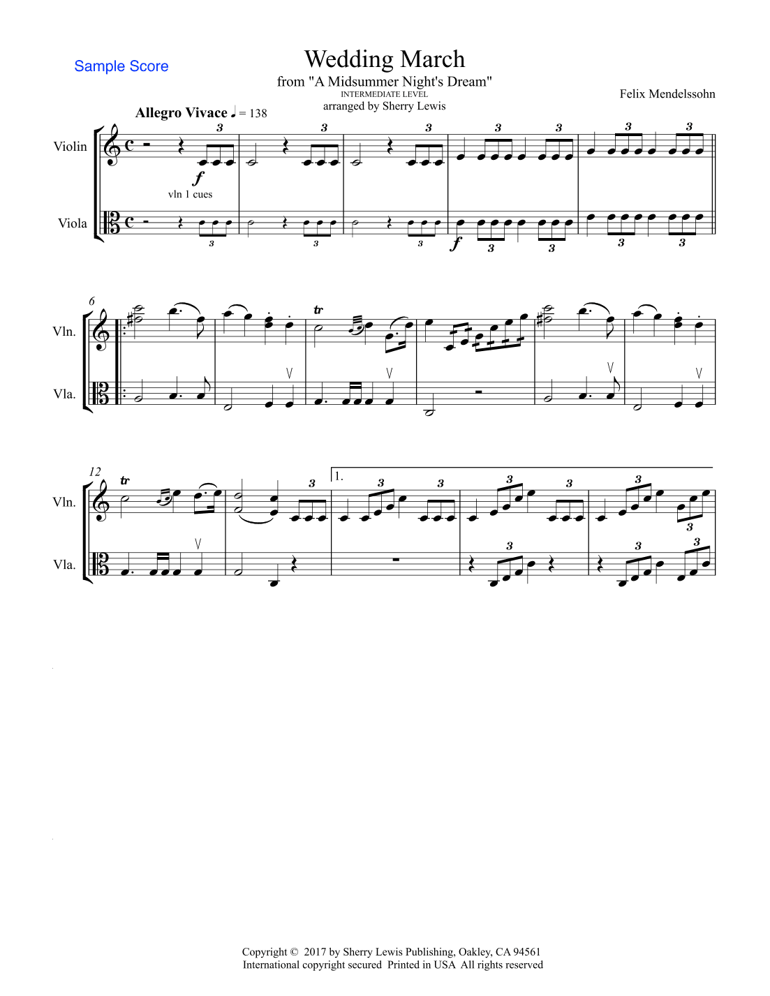 WEDDING MARCH, Violin and Viola Duo, Intermediate Level (arr. Sherry Lewis)