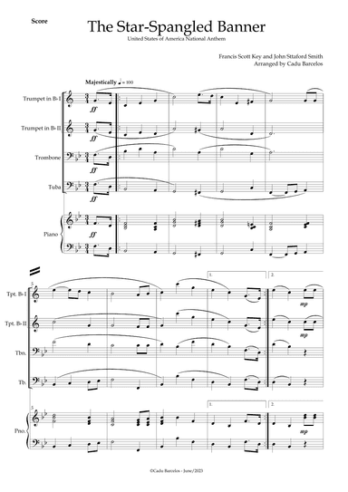 The Star-Spangled Banner - EUA Hymn (Brass Quartet) Piano (arr. Cadu Barcelos)