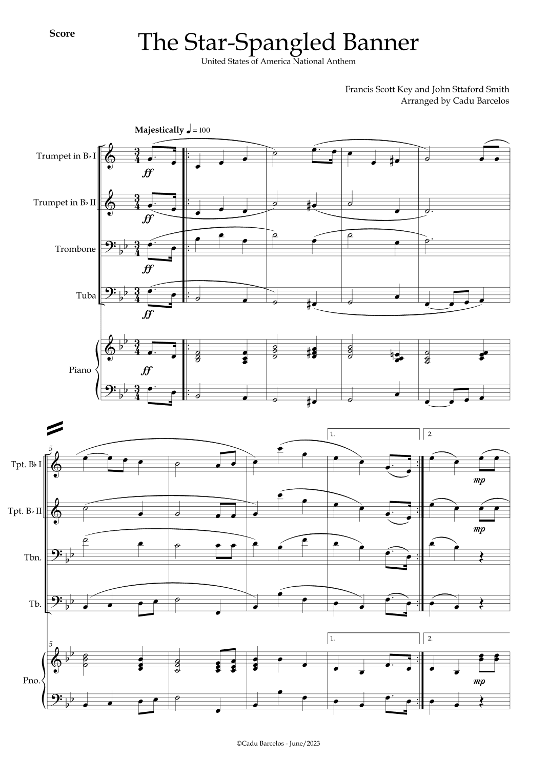The Star-Spangled Banner - EUA Hymn (Brass Quartet) Piano (arr. Cadu Barcelos)