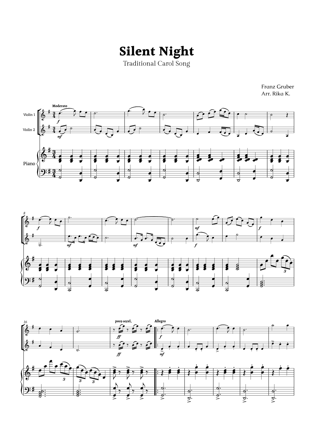 Silent Night for Violin Duet and Piano (arr. Rika K.)