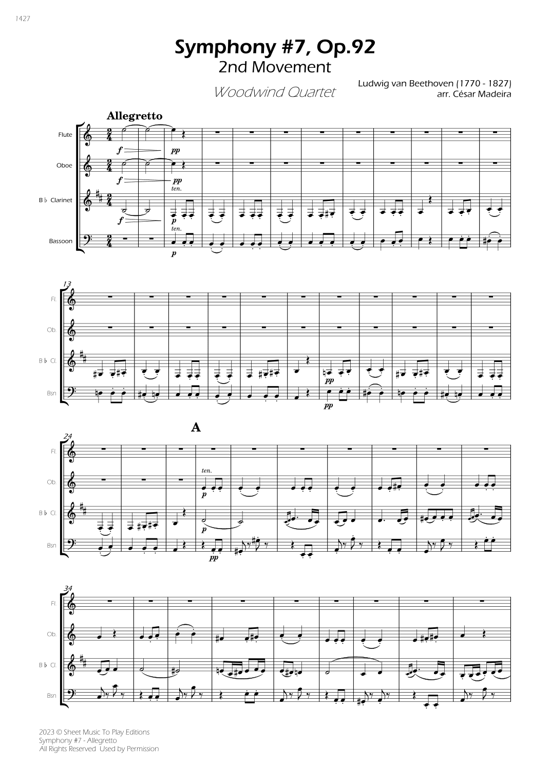 Symphony No.7, Op.92 - Allegretto - Woodwind Quartet (Full Score) - Score Only (arr. César Madeira)