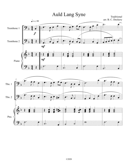 Auld Lang Syne (trombone duet) with optional piano accompaniment (arr. B. C. Dockery)