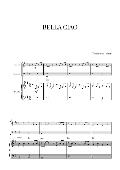 Bella Ciao with chords for French Horn, Cello and Piano (arr. Cadenza Editions)