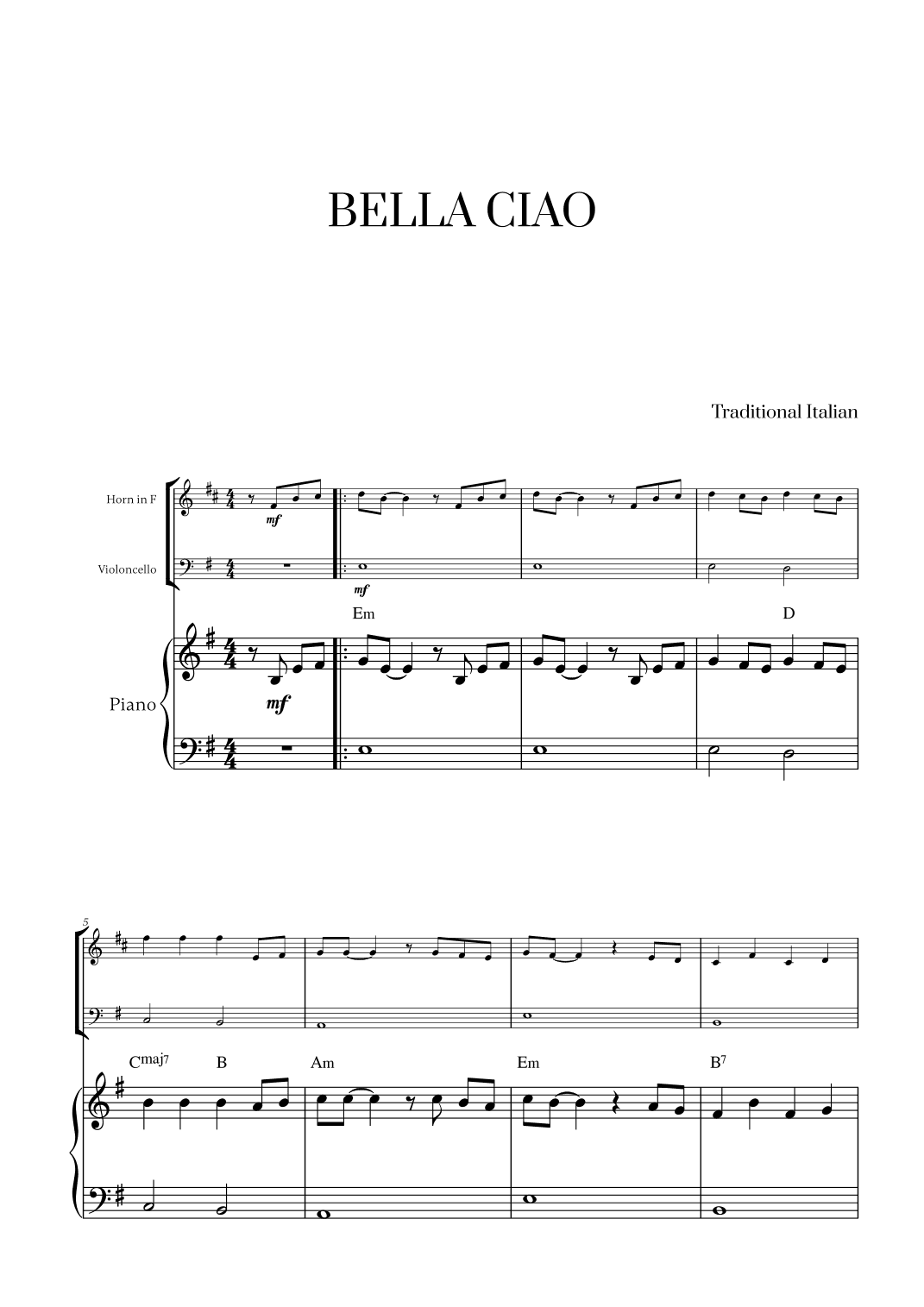 Bella Ciao with chords for French Horn, Cello and Piano (arr. Cadenza Editions)