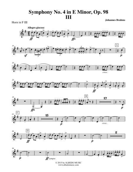 Brahms Symphony No. 4, Movement III - Horn in F 3 (Transposed Part), Op. 98 (arr. Doug Clyde)