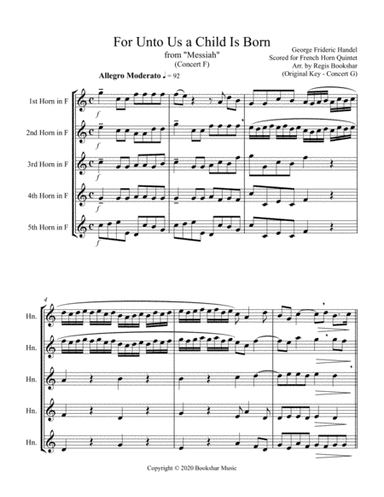 For Unto Us a Child is Born (from "Messiah") (F) (French Horn Quintet) (arr. Regis Bookshar)