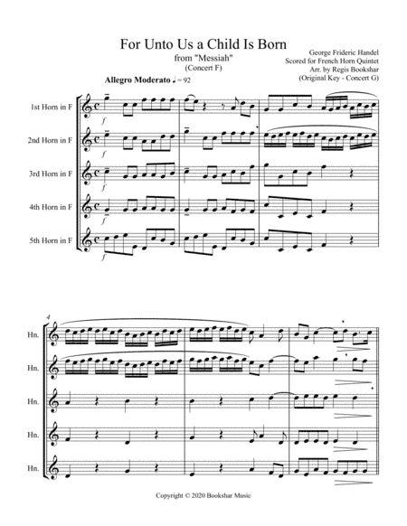 For Unto Us a Child is Born (from "Messiah") (F) (French Horn Quintet) (arr. Regis Bookshar)