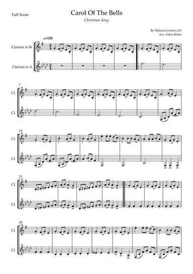 Carol Of The Bells (Christmas Song) for Clarinet in Bb & Clarinet in A Duo (D Minor) (arr. Fabio Britto)