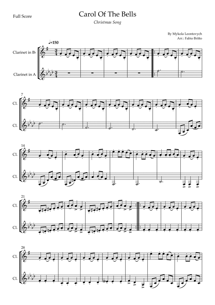 Carol Of The Bells (Christmas Song) for Clarinet in Bb & Clarinet in A Duo (D Minor) (arr. Fabio Britto)
