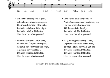 Twinkle, Twinkle Little Star - Lead Sheet - A Major (Full Lyrics) (arr. Yuri Noronha)