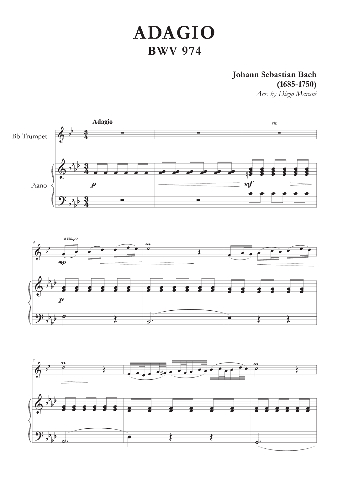 Adagio from BWV 974 for Trumpet and Piano (arr. Diego Marani)
