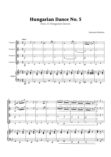 Hungarian Dance No. 5 by Brahms for Trumpet Quartet and Piano (arr. Rika K.)