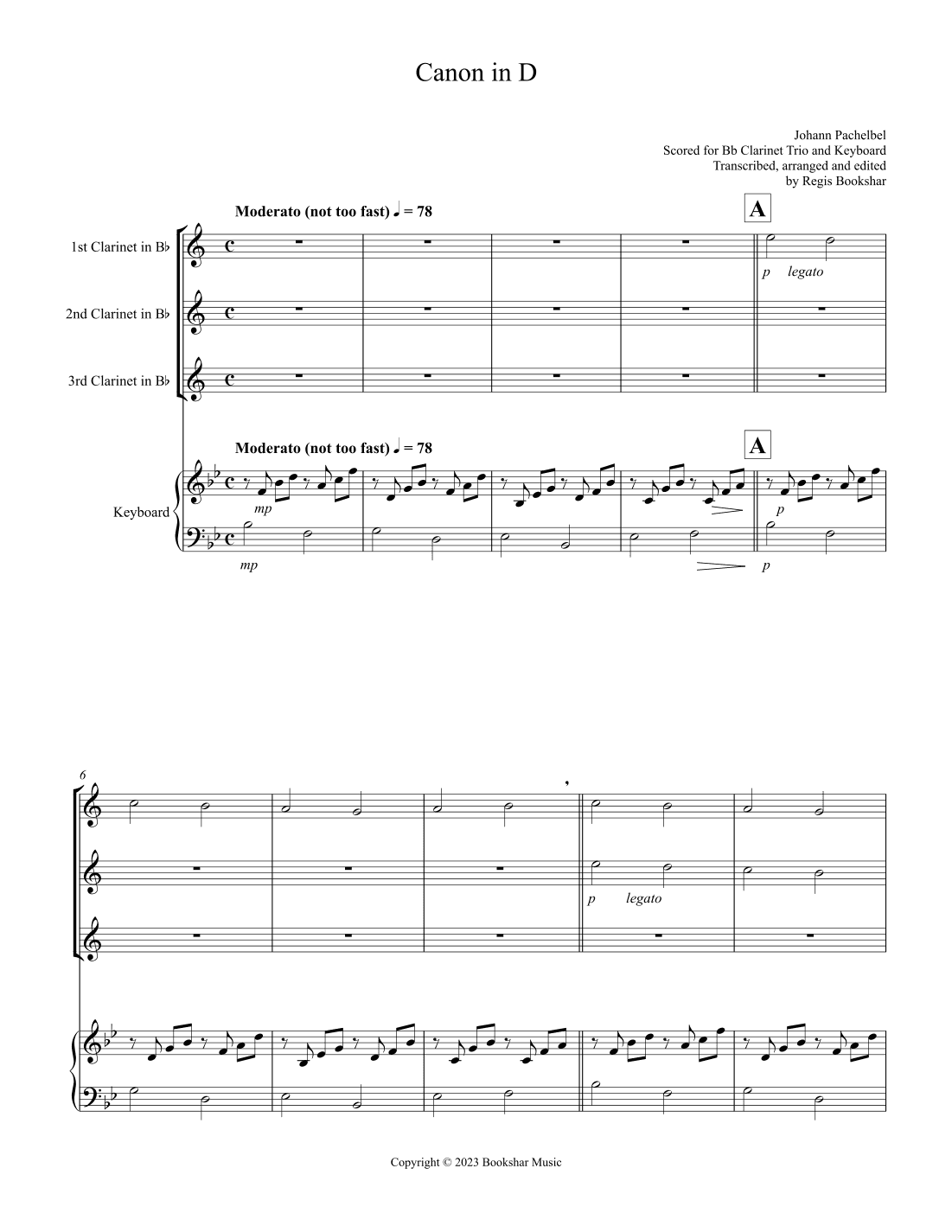 Canon in D (Pachelbel) (D) (Clarinet Trio, Keyboard) (arr. Regis Bookshar)