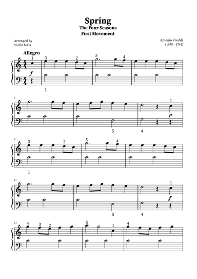 Spring - The Four Seasons | Easy Piano (with fingerings) (arr. Valdir Maia)
