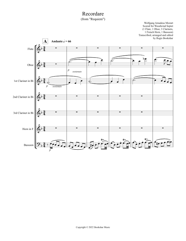 Recordare (from "Requiem") (F) (Woodwind Septet - 1 Flute, 1 Oboe, 3 Clar, 1 Hrn, 1 Bassoon) (arr. Regis Bookshar)