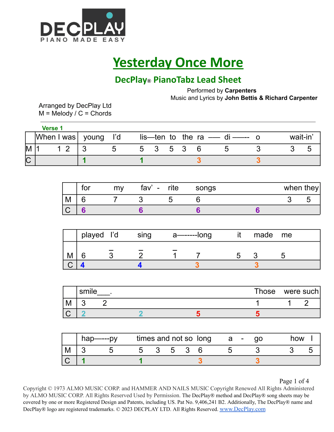 Yesterday Once More (arr. DecPlay Ltd)