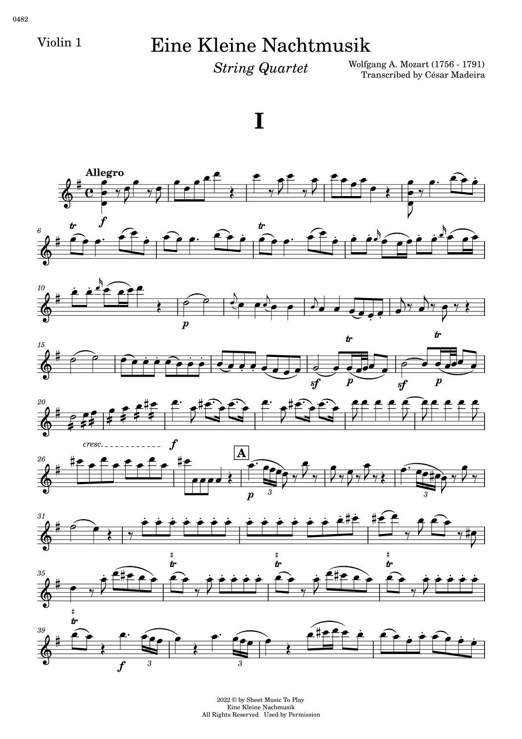 Eine Kleine Nachtmusik (1 mov.) - String Quartet (Individual Parts) (arr. César Madeira)