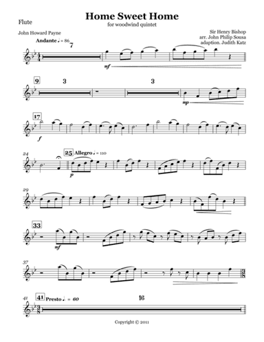 Home Sweet Home - A complete set of parts (arr. adapted by Judith Katz for woodwind quintet)