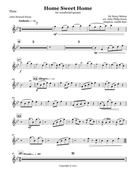 Home Sweet Home - A complete set of parts (arr. adapted by Judith Katz for woodwind quintet)
