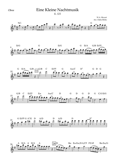 Eine kleine Nachtmusik (W.A. Mozart) for Oboe Solo with Chords (Simplified) (arr. Fabio Britto)
