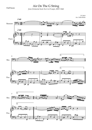 Air On The G String (J.S. Bach) for Bassoon Solo and Piano Accompaniment (arr. Fabio Britto)