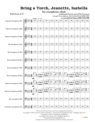 Bring a Torch, Jeanette, Isabella (for saxophone choir) (full score & set of parts) (arr. Patrick Sheehan)