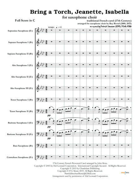 Bring a Torch, Jeanette, Isabella (for saxophone choir) (full score & set of parts) (arr. Patrick Sheehan)