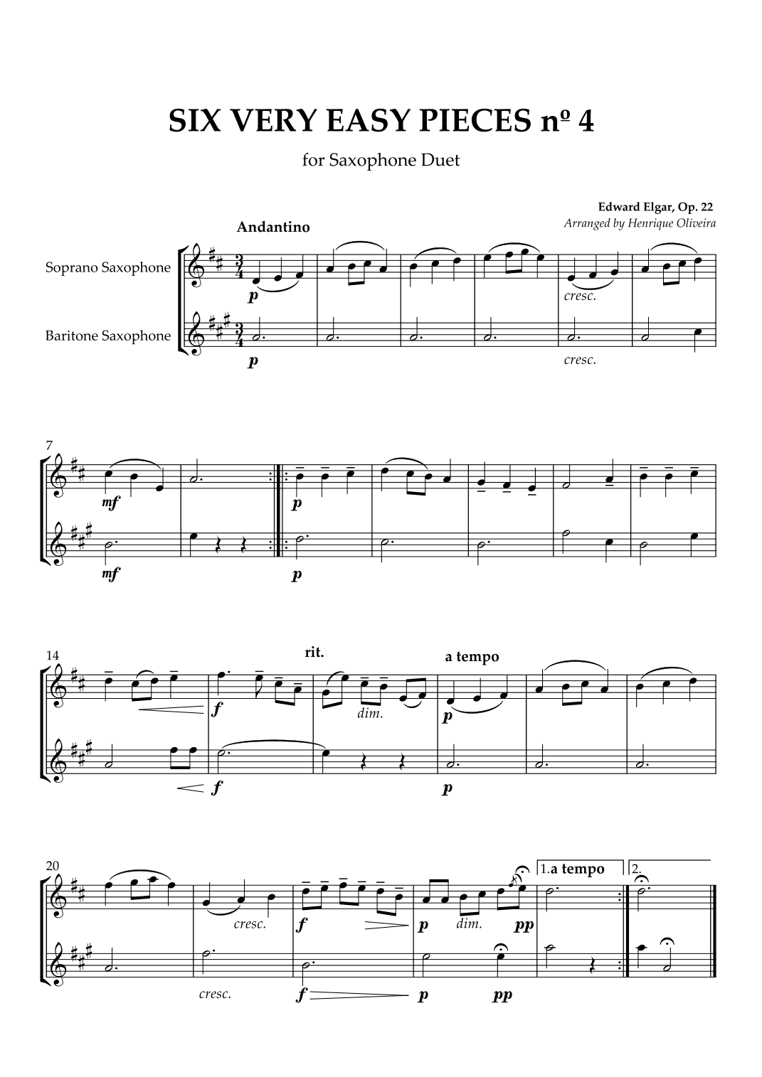 Six Very Easy Pieces nº 4 (Andantino) - Saxophone Duet (arr. Henrique Oliveira)